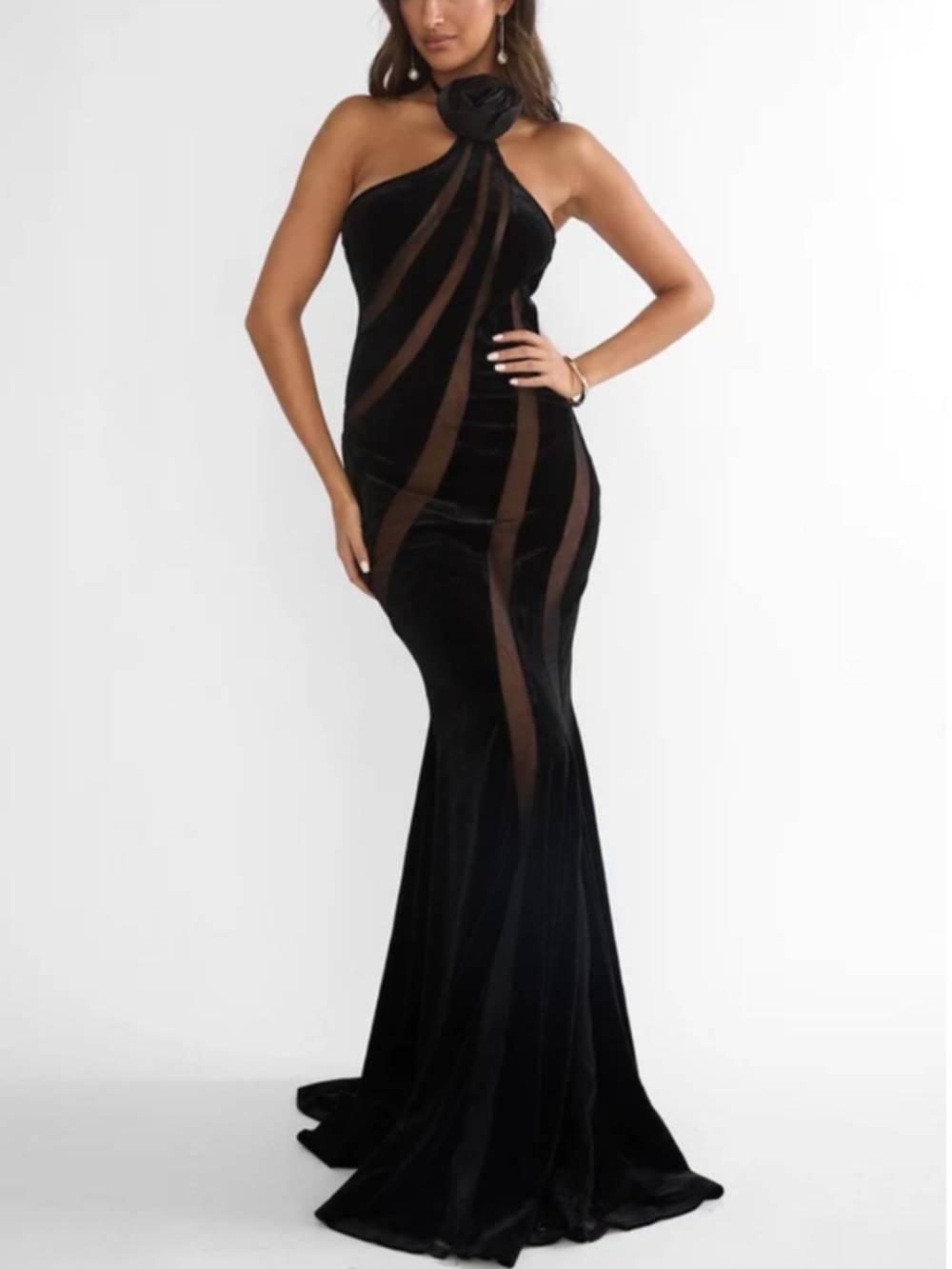 Brand New Black Velvet Maxi Long Dress Mermaid Gown
